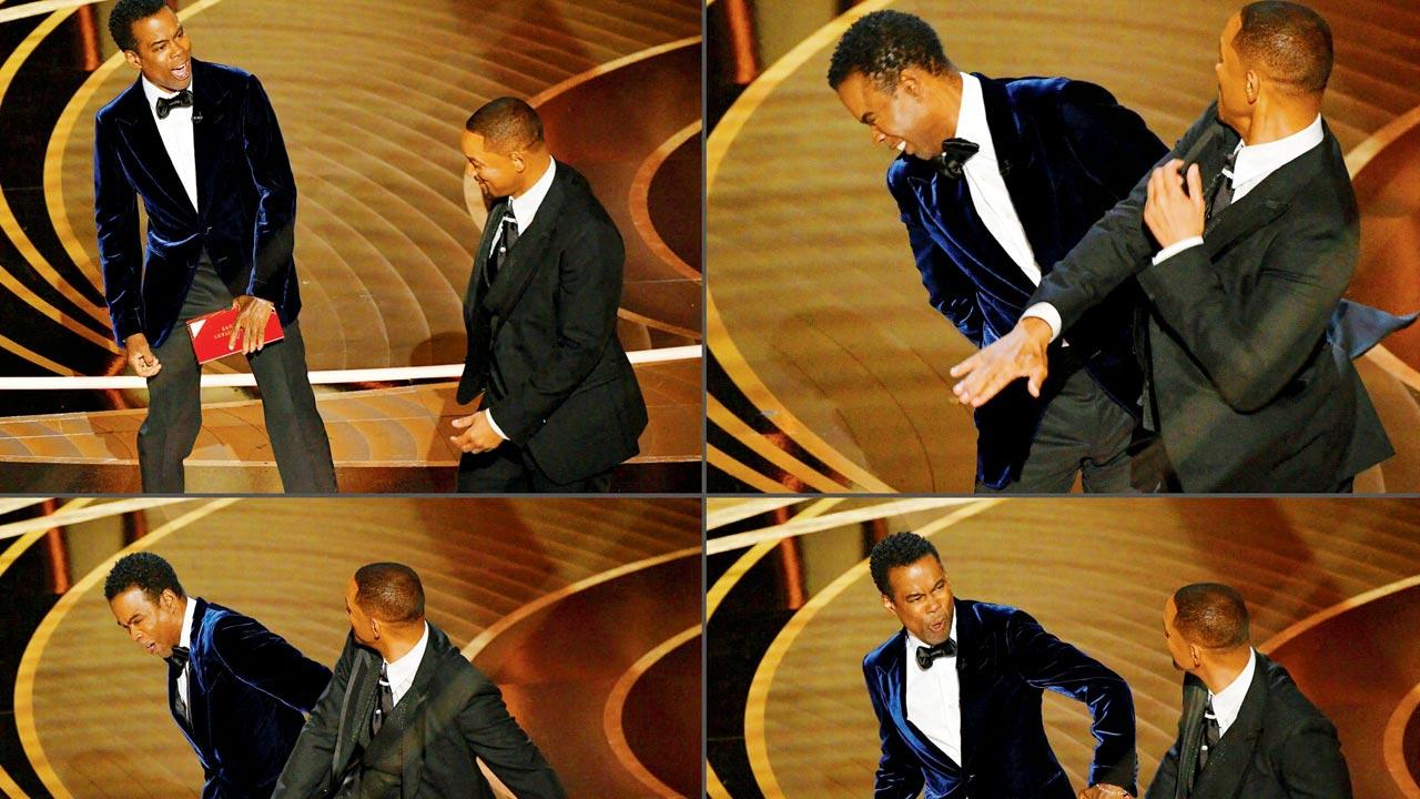 This combination of pictures show American actor Will Smith (right) approaching actor  and standup Chris Rock on stage and slapping him during the 94th Academy Awards at the Dolby Theatre in Hollywood, California, on March 27. Pics/Getty Images