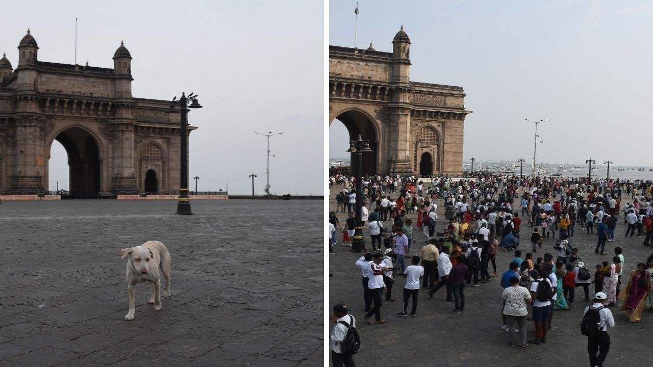 From (left to right): A view of Gateway of India in 2020 and 2022. Pic/Ashish Raje