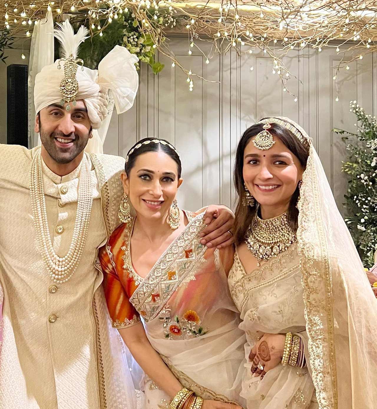 Though the speculations of the stars exchanging their nuptials were at a peak from 2020, the lovebirds finally made it happen today, in the presence of their family members and close friends in attendance.
In picture: Karisma Kapoor shared a picture with Alia Bhatt and Ranbir Kapoor, 