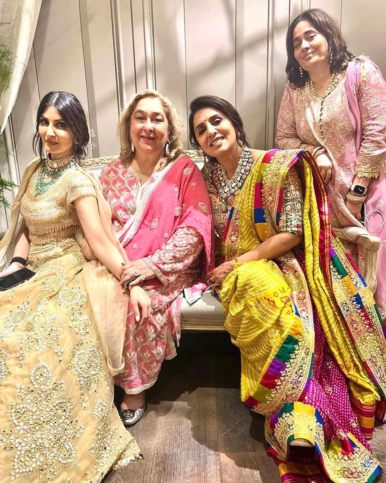 Neetu Kapoor chose a resham ghaghra from Abu Jani Sandeep Khosla's collection. The veteran star reportedly gave a special performance for the groom, 39 and the bride, 29.
In picture: Riddhima Kapoor Sahni with Rima Jain, Neetu Kapoor and Nitasha Nanda. The yesteryear actress shared the picture which read, 
