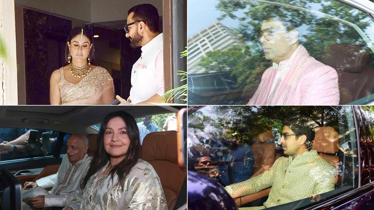 Collage of family members arriving at Vastu for 'phera' ceremony