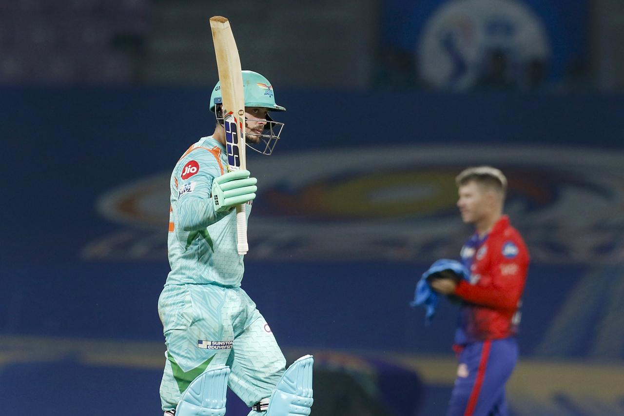 Lucknow Super Giants' opening batsman Quinton de Kock hit a quick 80 off 52 balls with 2 sixes and 9 boundaries at a strike rate of 153.84. He won the man-of-the-match award for his epic innings