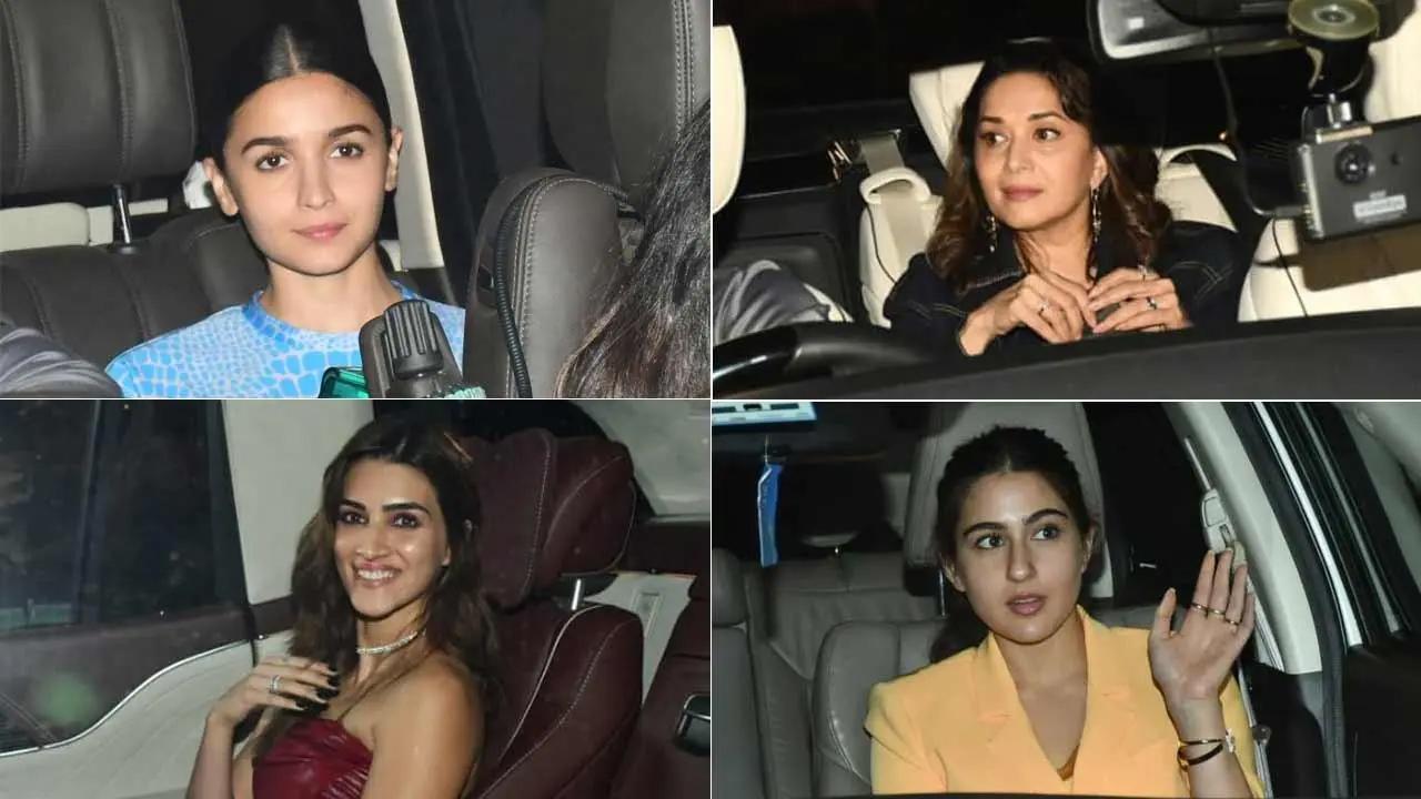 Alia Bhatt, Sara Ali Khan, Madhuri Dixit with Sriram Nene, Farhan Akhtar, Shibani Dandekar, Ananya Panday, Manish Malhotra, Ranveer Singh at Karan Johar's star-studded dinner party for Netflix’s Head Bela Bajaria at the producer's home. Click here to see full gallery