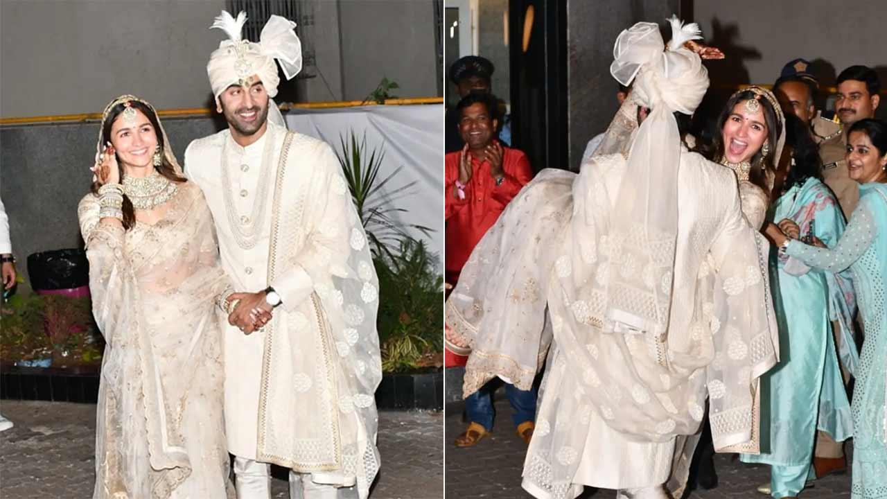 A collage of Ranbir Kapoor and Alia Bhatt's first pictures after their wedding