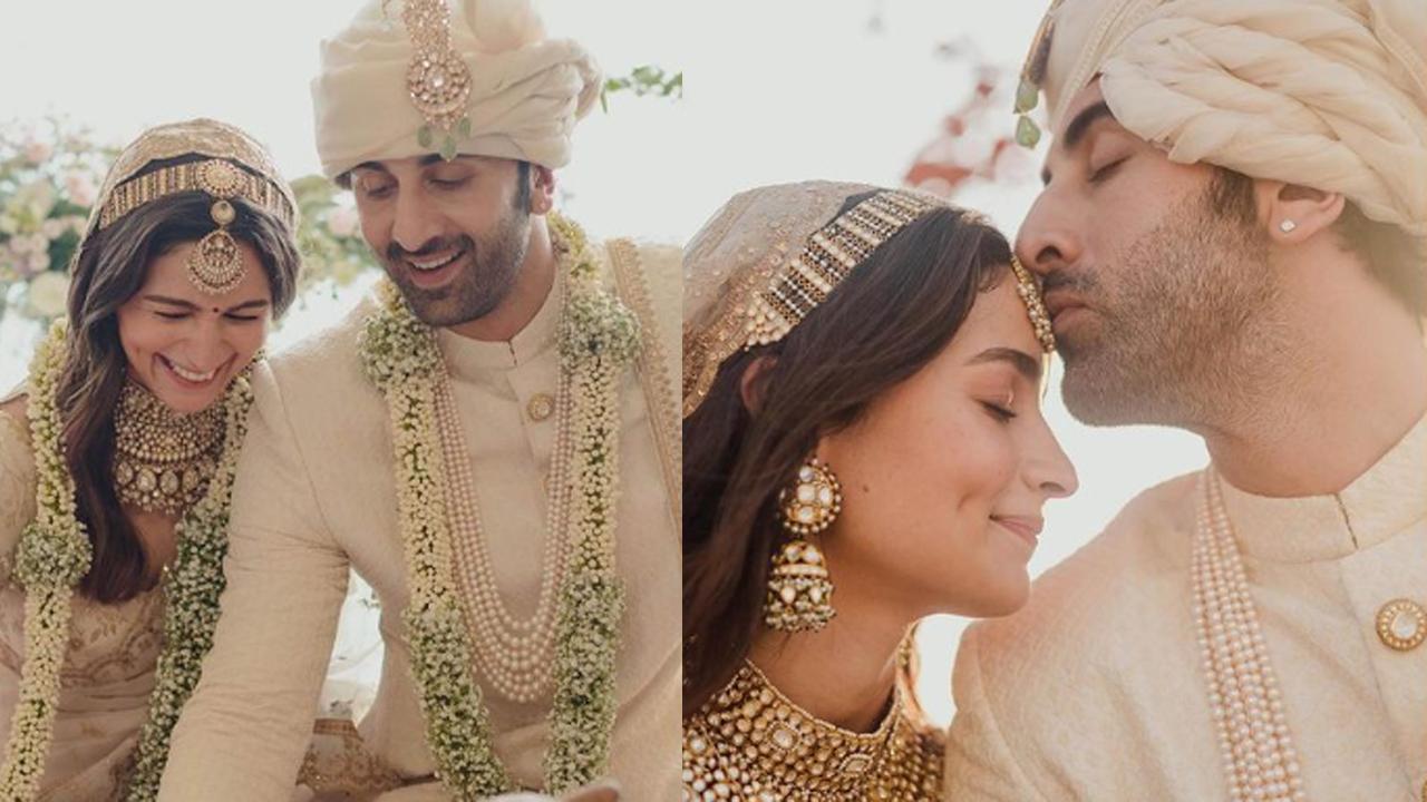 A collage of Ranbir Kapoor and Alia Bhatt's first pictures after their wedding