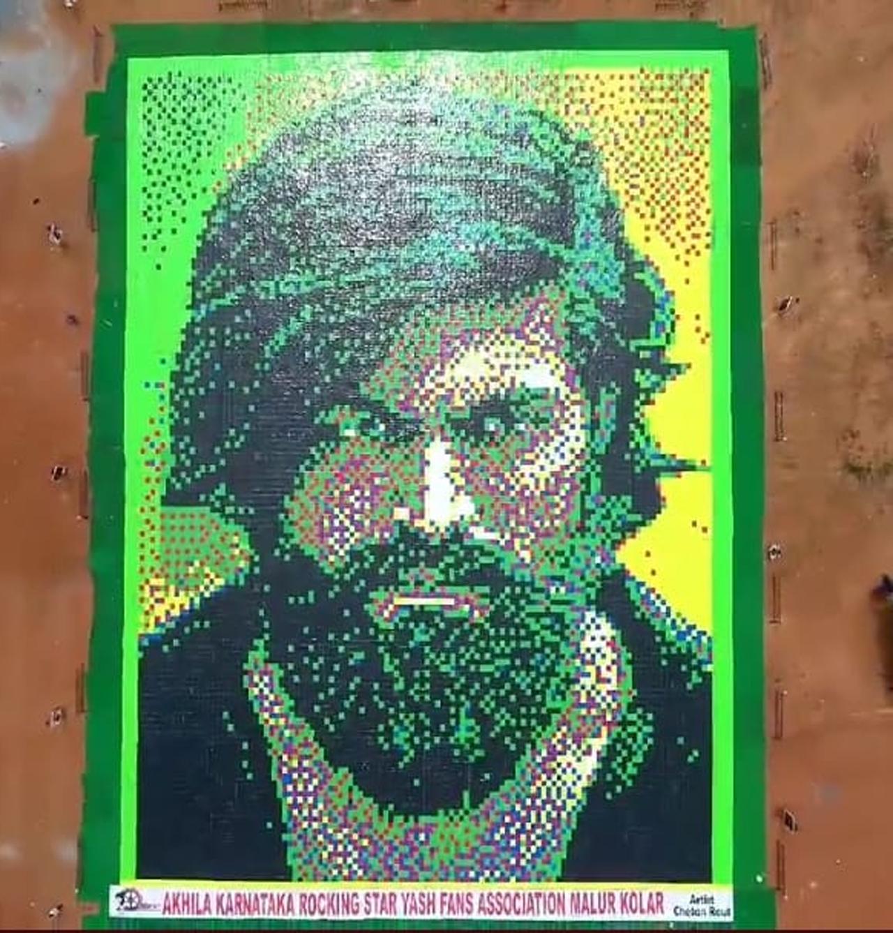 Ahead of 'KGF: Chapter 2' release, the film's star Yash's fans have set out to create a record of sorts to show their love and admiration. Using as many as 20,700 books, they have created a massive mosaic portrait of Yash, staking claim to a world record. The portrait, made up entirely of books, measures 130 x 190 feet, and is spread over 25,650 square feet at the White Garden Grounds of Malur. The Yash Fans Association of Malur have taken up the project.