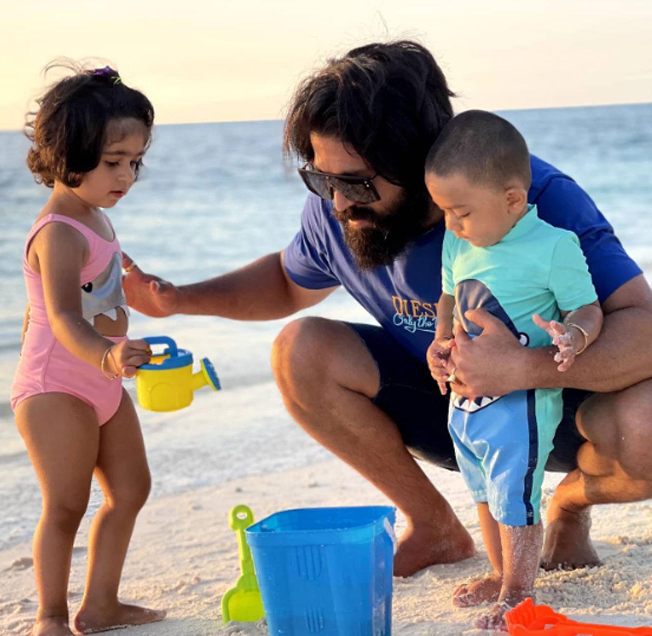 Yash shared this candid photo along with his son Yatharv and daughter Ayra on a beach. These pictures prove that Yash truly loves dedicating his time to his wife and kids.