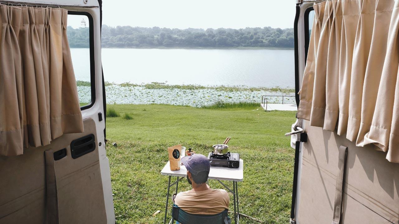 Accompanying him on the van are five other people on this eight-city tour