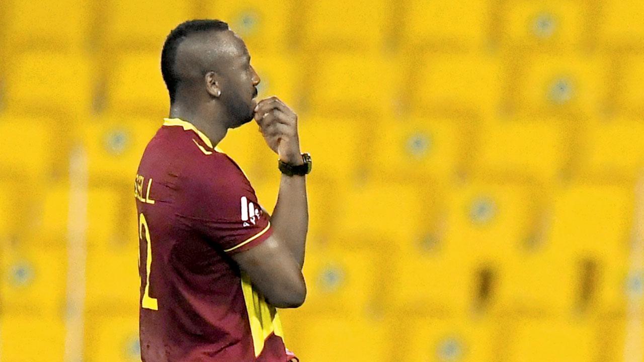 WI’s Andre Russell reacts to a boundary from a Lankan batsman during their ICC Twenty20 World Cup cricket match at Abu Dhabi on November 4, 2021. PIC/afp