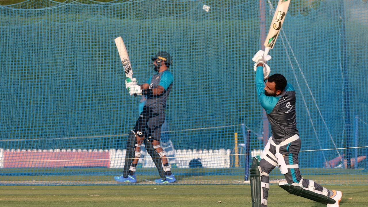Fakhar Zaman plays a big shot during the training session. Pic/ Official Twitter account of PCB