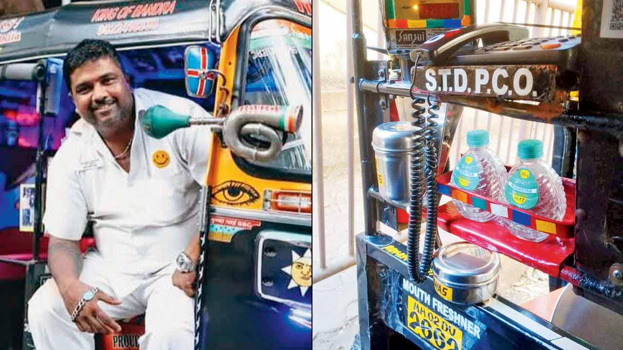 Sandeep Bacche’s auto offers a (from right) phone, water, mouth freshener and more
