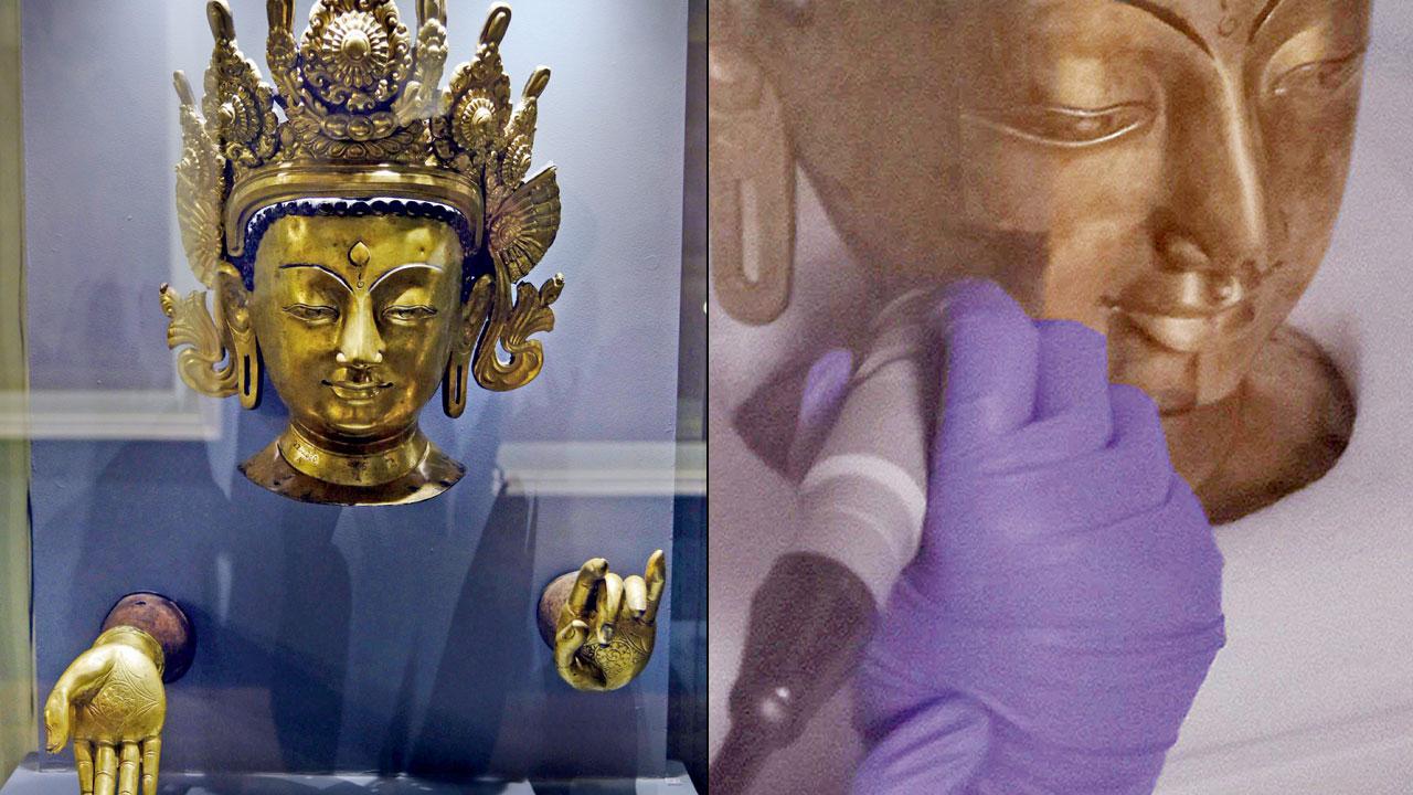 The 18th century CE Avalokiteshvara at ConservArte; (right) a close-up of the object with its dull coat 