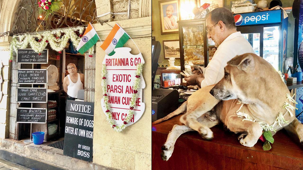 (Left) A ‘Beware of Dogs’ sign outside Britannia & Co.; Jamshed on the counter