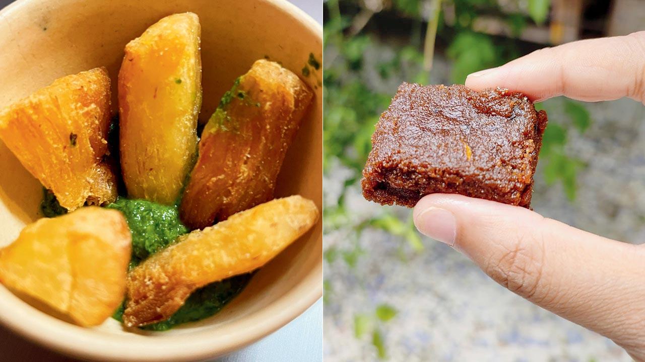 Cassava fries with chimichurri; (right) cocada