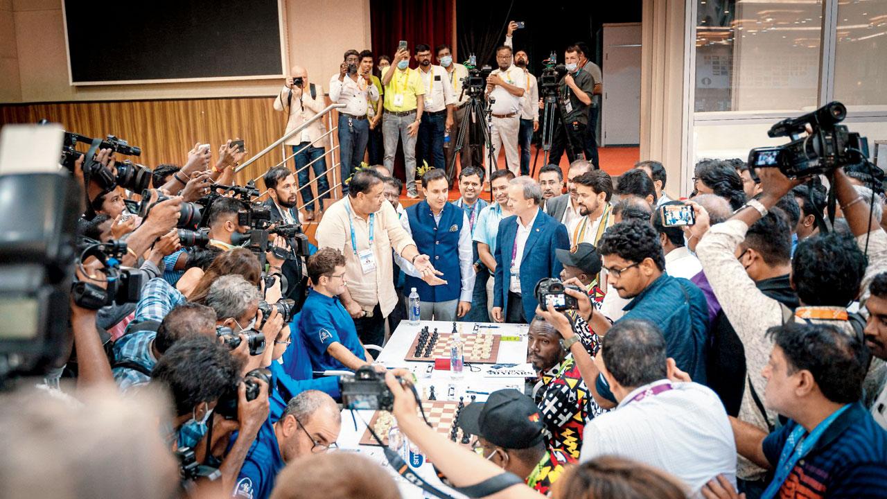 Angola’s David Silva draws with GM Levon Aronian at the Chess Olympiad in Chennai. Pic Courtesy/@FIDE_Chess