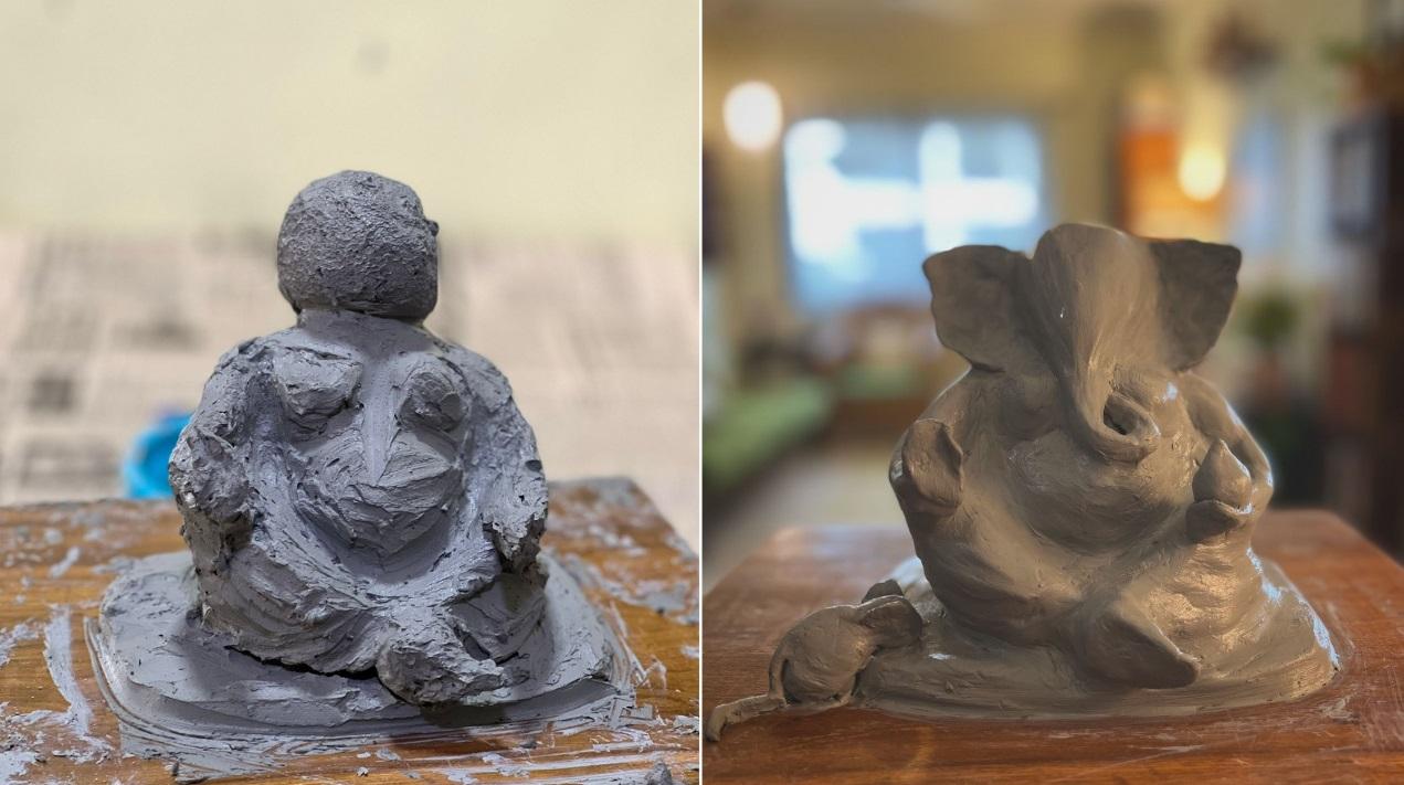 In Thane, author Saee Koranne-Khandekar has been making a clay idol at home for nine years because she couldn't connect with a store-bought idol. With each passing year, she gets better at sculpting the idol - from start (left) to finish (right). Photo Courtesy: Saee Koranne-Khandekar