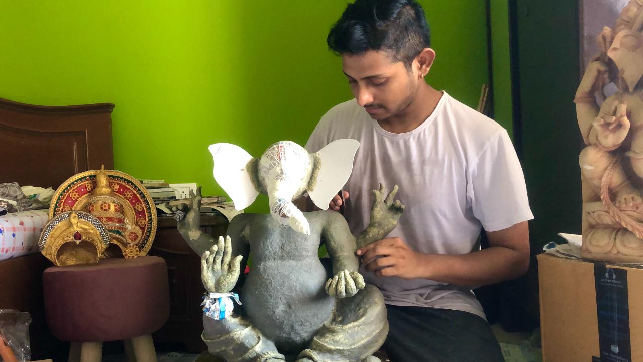 Bandra-based Sumit Yempalle started making his idols at home in 2014 by using a paste made from paper and soaked fenugreek to make a plaster for the idols. Photo Courtesy: Sumit Yempalle