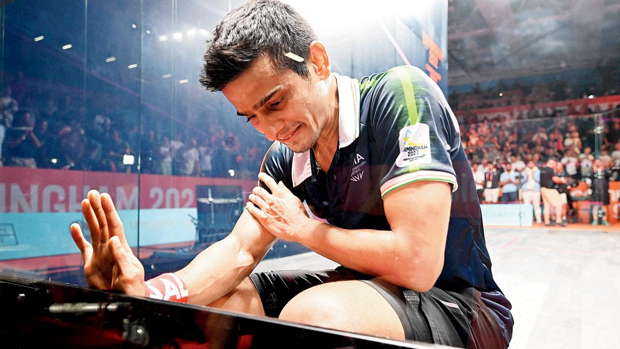 Saurav Ghosal gets emotional after beating Scotland’s Greg Lobban to clinch the bronze in squash at Birmingham on Wednesday. Pic/PTI