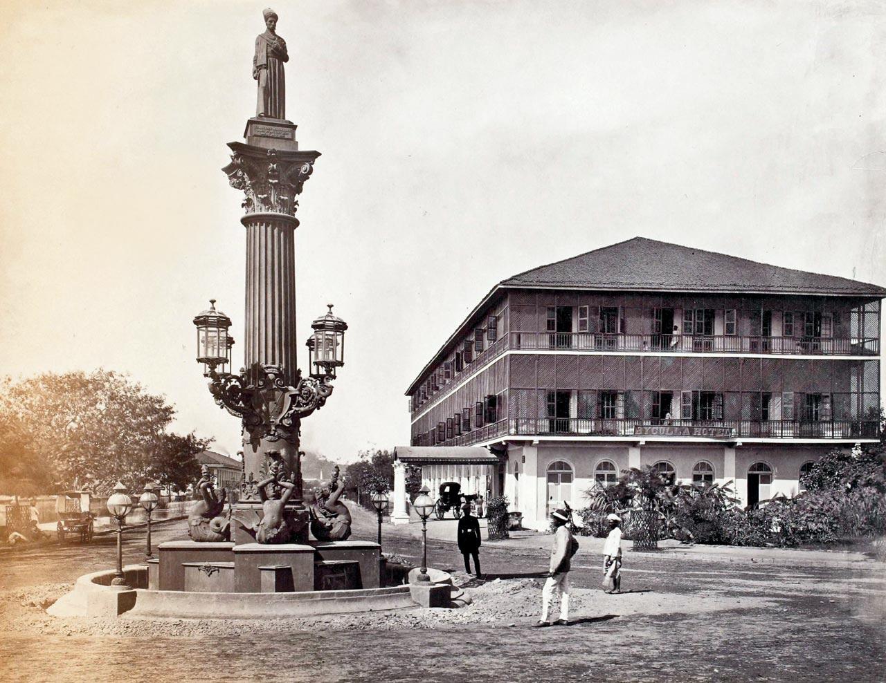 Parsi shipbuilder Lowjee Nusserwanjee Wadia was a pioneer of the industry in Bombay, after which several from his community shifted to the city from Gujarat.  The Standing Parsi Statue and the Byculla Hotel, Bombay, c. 1850-1870, Francis Frith & Co.