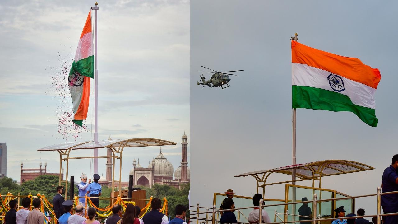PM Narendra Modi hoisted the national flag at the historic Red Fort on the occasion of the 76th Independence Day. Dressed in a traditional white kurta and churidar along with a powder blue shade jacket, the highlight of his outfit was the tricolour-themed headgear, which also kept up with the theme of the Azadi ka Amrit Mahatosav