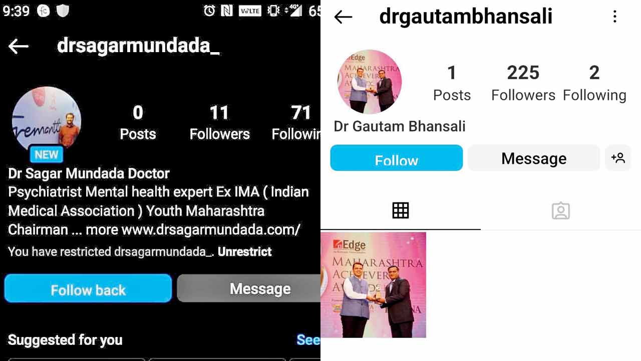 A fake Instagram account of Dr Sagar Mundada (right) Another fake Instagram account of Dr Gautam Bhansali