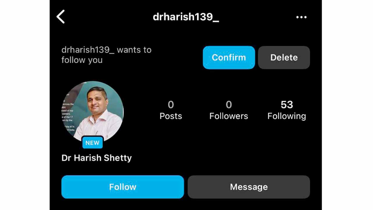 A fake Instagram account of Dr Harish Shetty