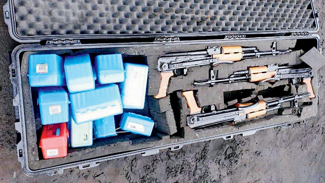 A yacht carrying weapons including three AK 47 rifles with ammunition was found off the Raigad coast, on Thursday. Pic/ANI