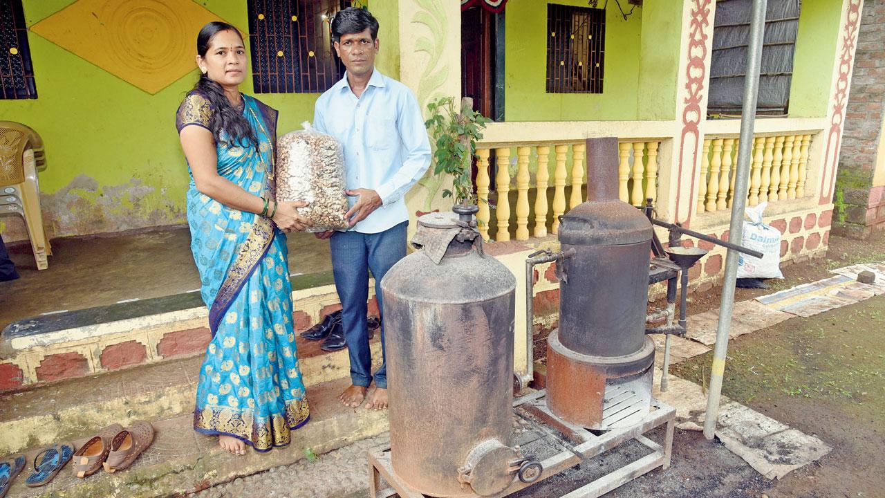 Khamgaowadi residents Nitin Sakaram Navghare and his wife Netra, a gram panchayat member, own a cashew processing unit to clean cashews. Their business employs several women from the hamlet