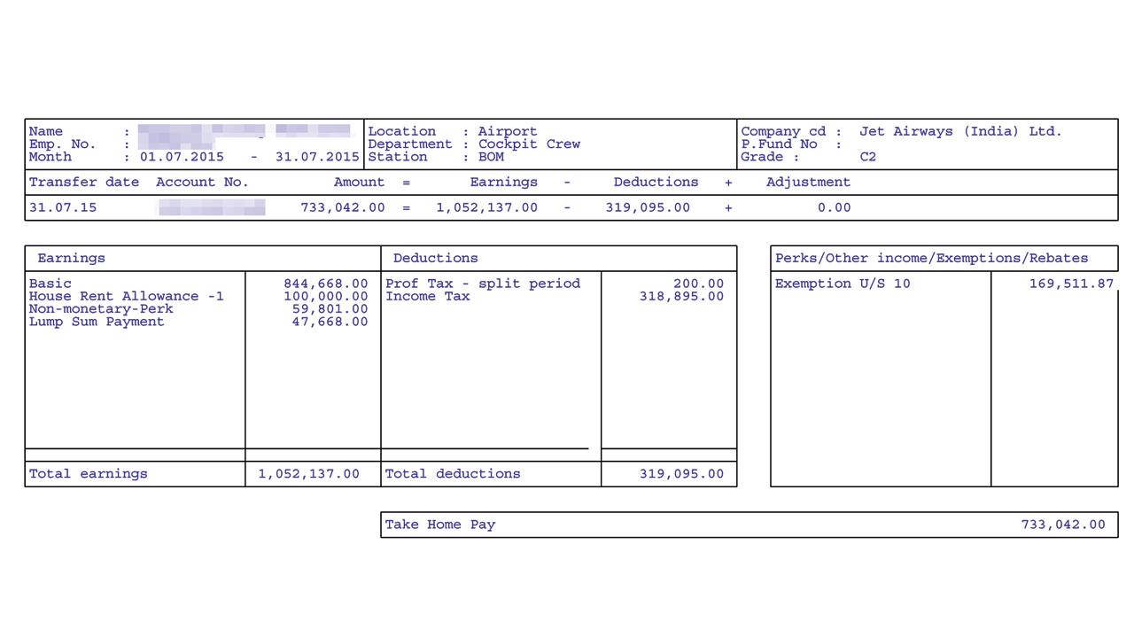 A former Jet Airways pilot payslip in July 2015, without PF