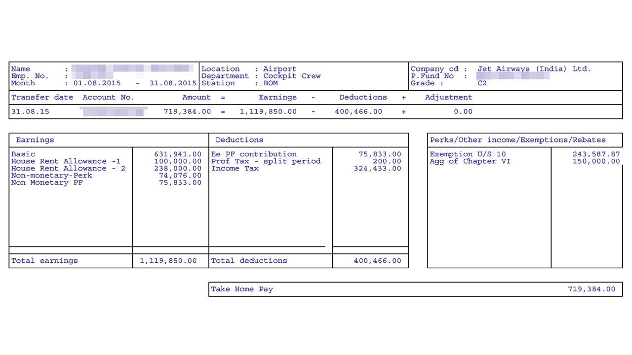 The pilot’s payslip in August 2015, with the  insertion of PF component