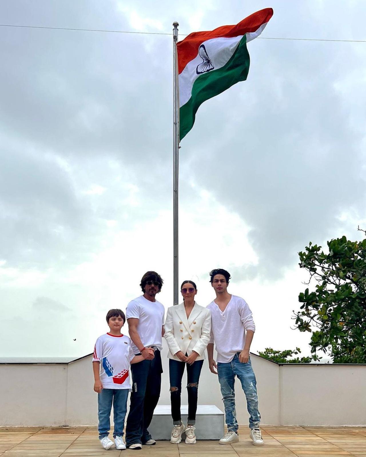 Shah Rukh Khan
The superstar hoisted the national flag on August 14 as part of the Har Ghar Tiranga Initiative. He posed with his family at Mannat in Mumbai after the flag hoisting. 
