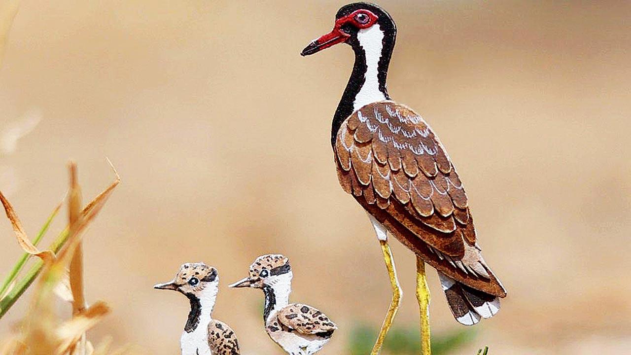 Paper art of a red-wattled lapwing with its chicks