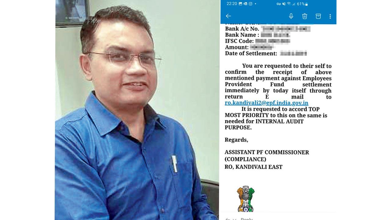 Sudhir Ganvir, regional provident fund commissioner, RO, Kandivli, was called to Delhi following mid-day’s reports; (right) The mail sent by EPFO’s Kandivli office to a former Jet pilot