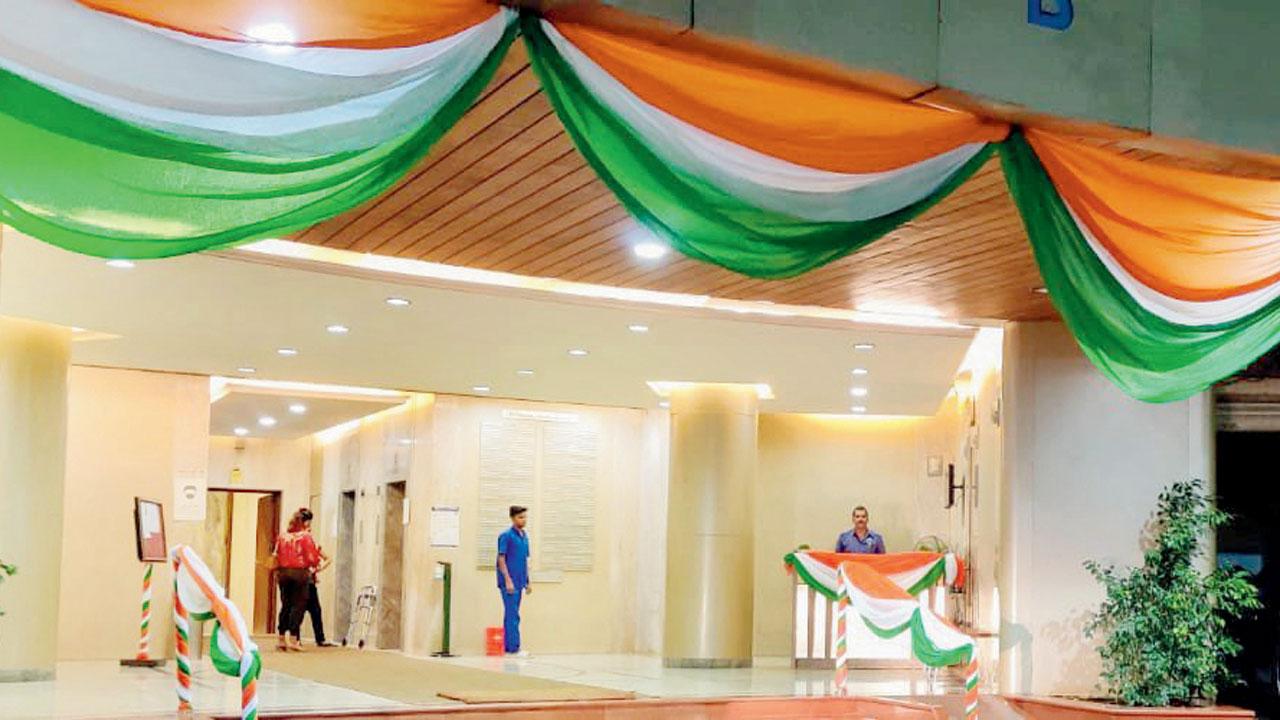 A Cuffe Parade building entrance decorated for I-Day