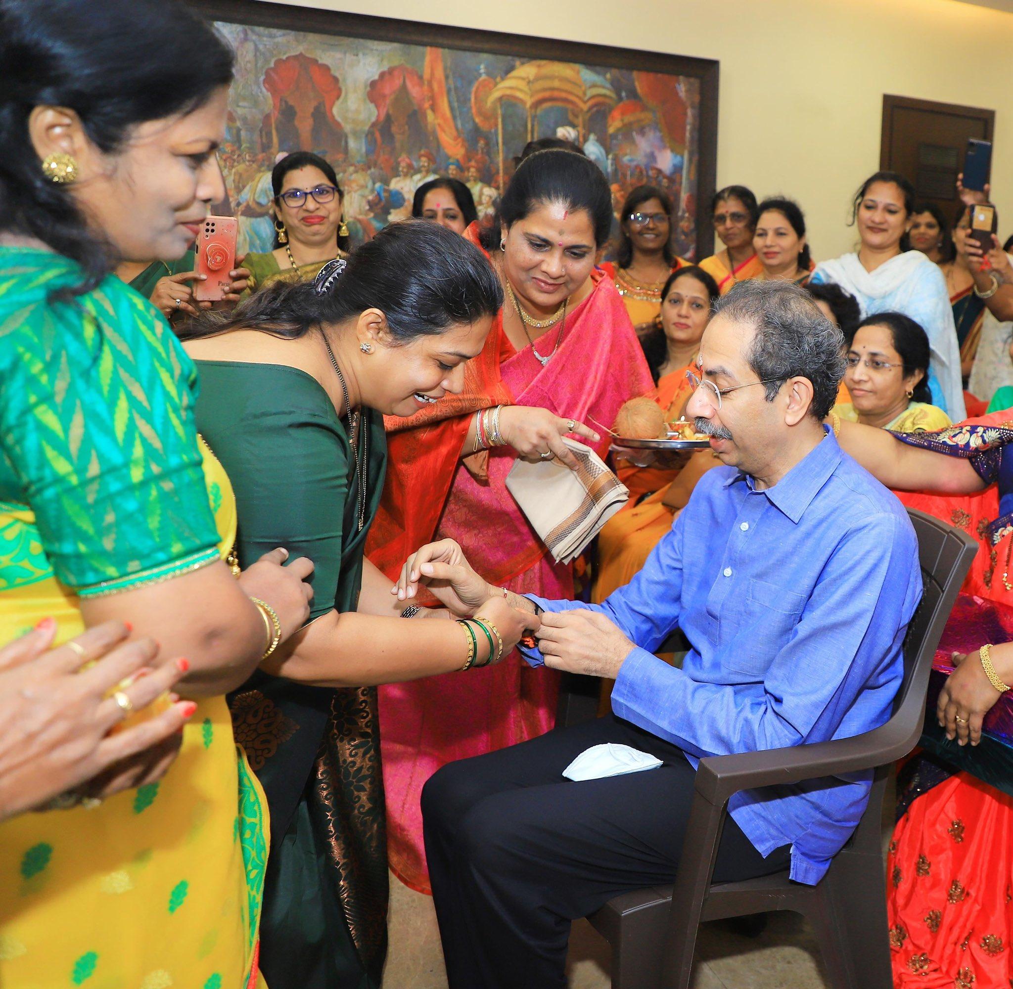Nurses in BMC-run hospitals of Mumbai tied rakhi to Former CM Uddhav Thackeray for his co-operation and support during Covid times when he was CM on Wednesday. Pic/Twitter/@ShivSena
