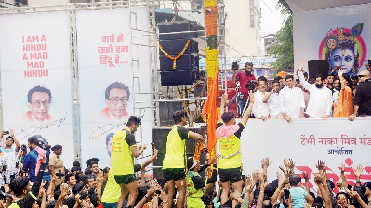 CM Eknath Shinde at Anand Dighe Dahi Handi, in Thane. Pic/Satej Shinde