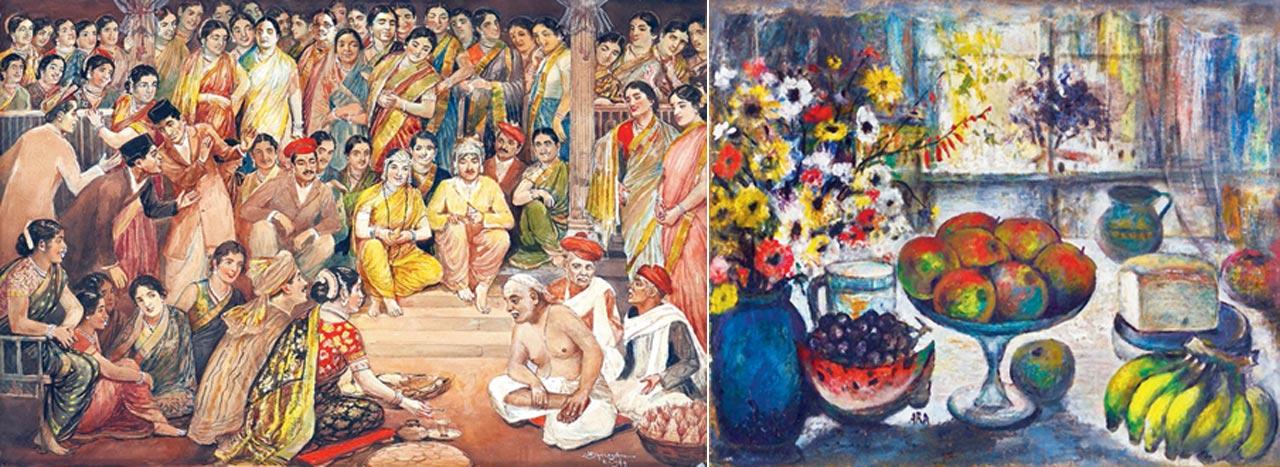 Lot 20, Mahadev Viswanath Dhurandhar, wedding ceremony, watercolour on paper, that is part of the Fine Art Sale. Pics courtesy/Pundole Art Gallery; (right) Lot 24, Krishnaji Howlaji Ara, breakfast table, oil on canvas
