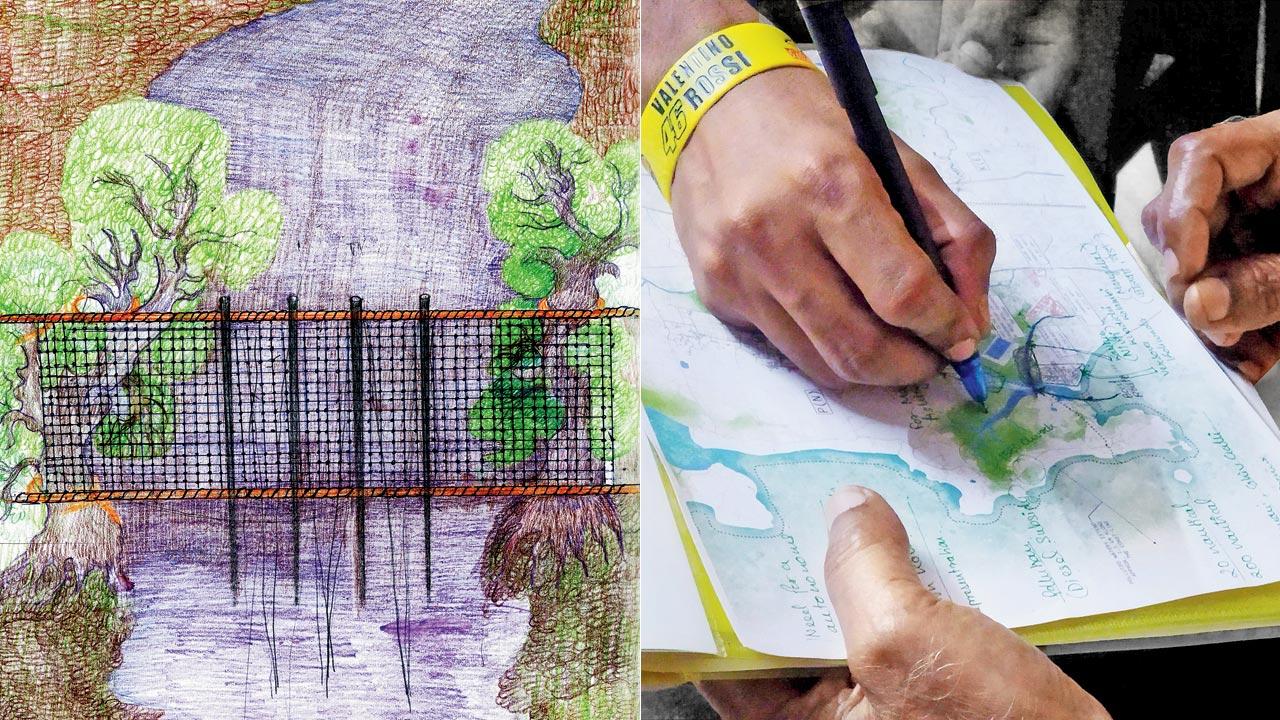 The first sketch of the installation envisioned by fisherman Vishnu Hedge;  (right) Members of Versova-based Bombay61 Studio met representatives from the Koli community for the New Catch in Town pilot project at Kavtya creek. Pics courtesy/Bombay61 Studio