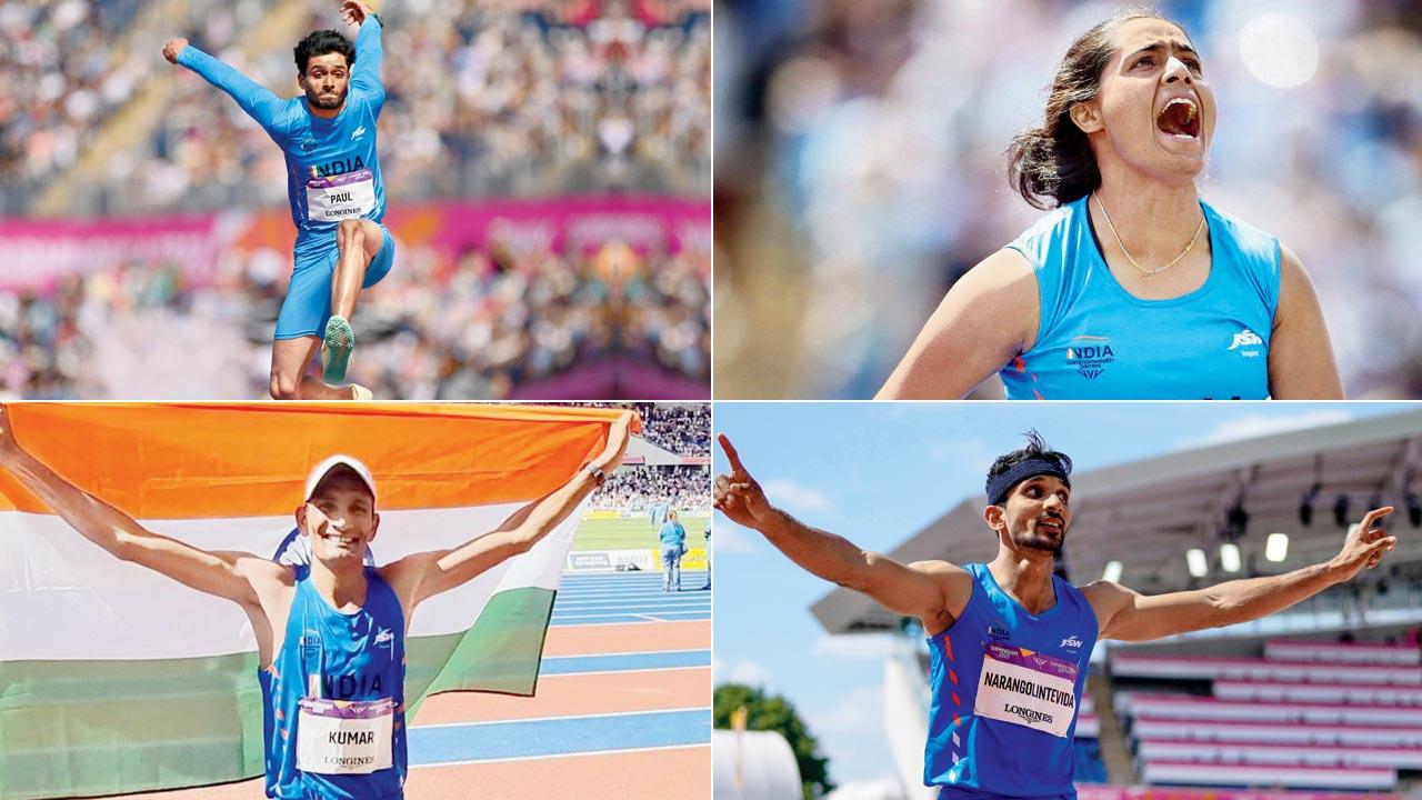 Eldhose Paul competes in the triple jump final at the Alexander Stadium in Birmingham yesterday; Javelin thrower Annu Rani; Sandeep Kumar wins bronze; Abdulla Aboobacker reacts in the final. Pics/AP, PTI, AFP