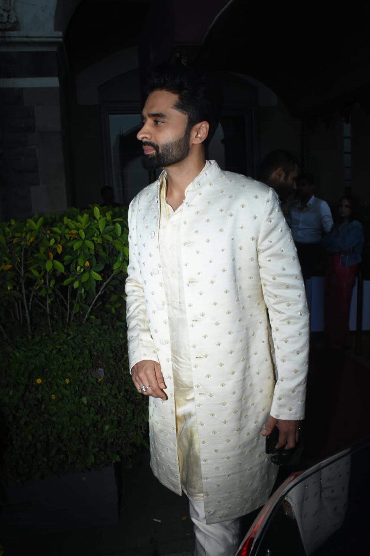 Jackky Bhagnani was also seen in an ivory white sherwani, paired with a jacket for the celebration