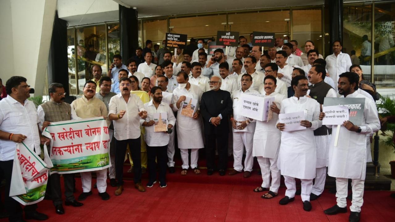 In photos: Oppn leaders from Shiv Sena, NCP, Congress protest against Maha govt