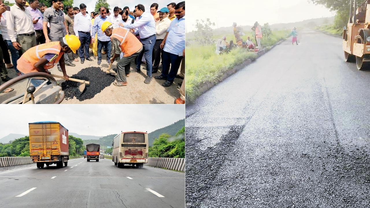 Workers fill a pothole on Mumbai-Goa Highway on Friday;  experts have called for fines for those violating traffic rules on highways to be implemented at toll plazas. Pic/Sameer Markande; A patch of Mumbai-Goa Highway that was repaired on Friday morning