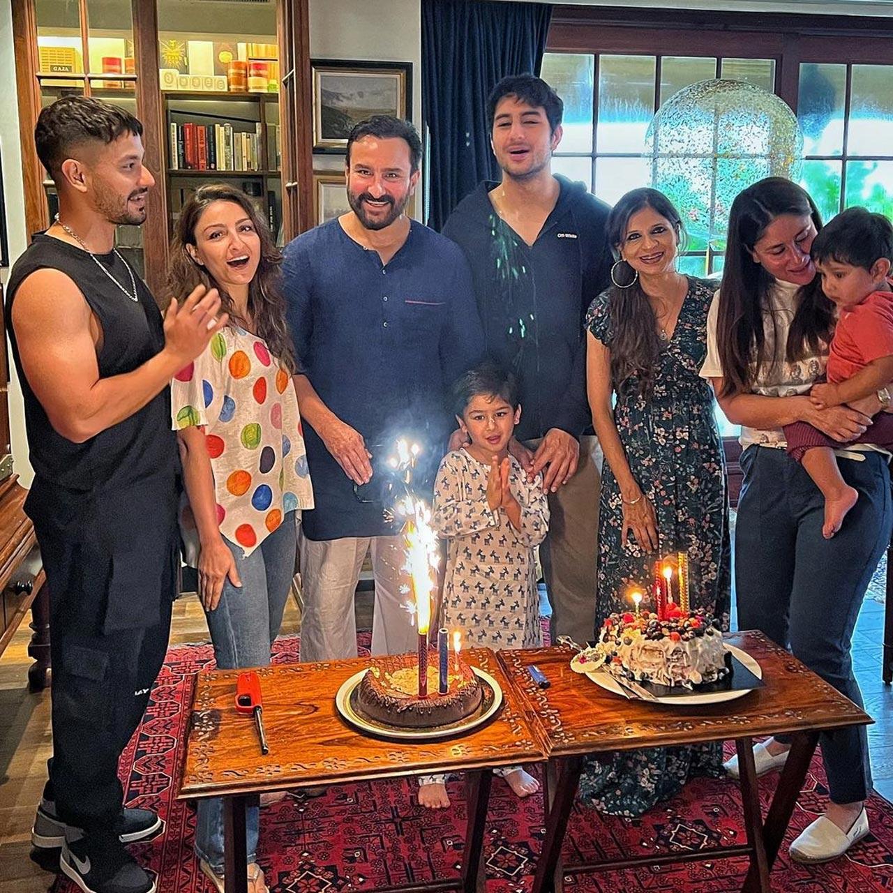 In the next couple of pictures, a birthday boy who looked handsome in a blue kurta Pyjama is seen celebrating with his family including his lovely wife Kareena Kapoor, kids- Ibrahim, Taimur, Jeh. Saif's sister Saba Pataudi and brother-in-law Kunal Kemmu were also present for the cake cutting