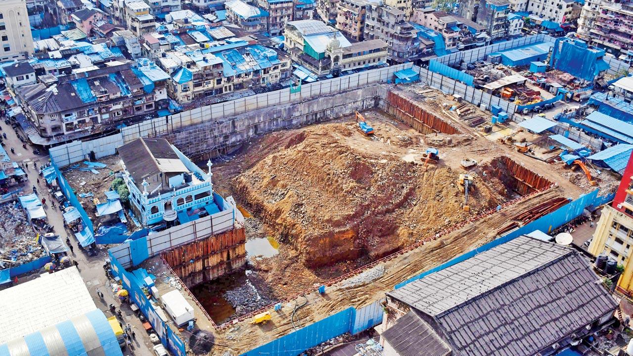 Before the BMC’s stop-work notice, work was underway on phase 2 of the Bhendi Bazaar redevelopment project. Pic/Ashish Raje