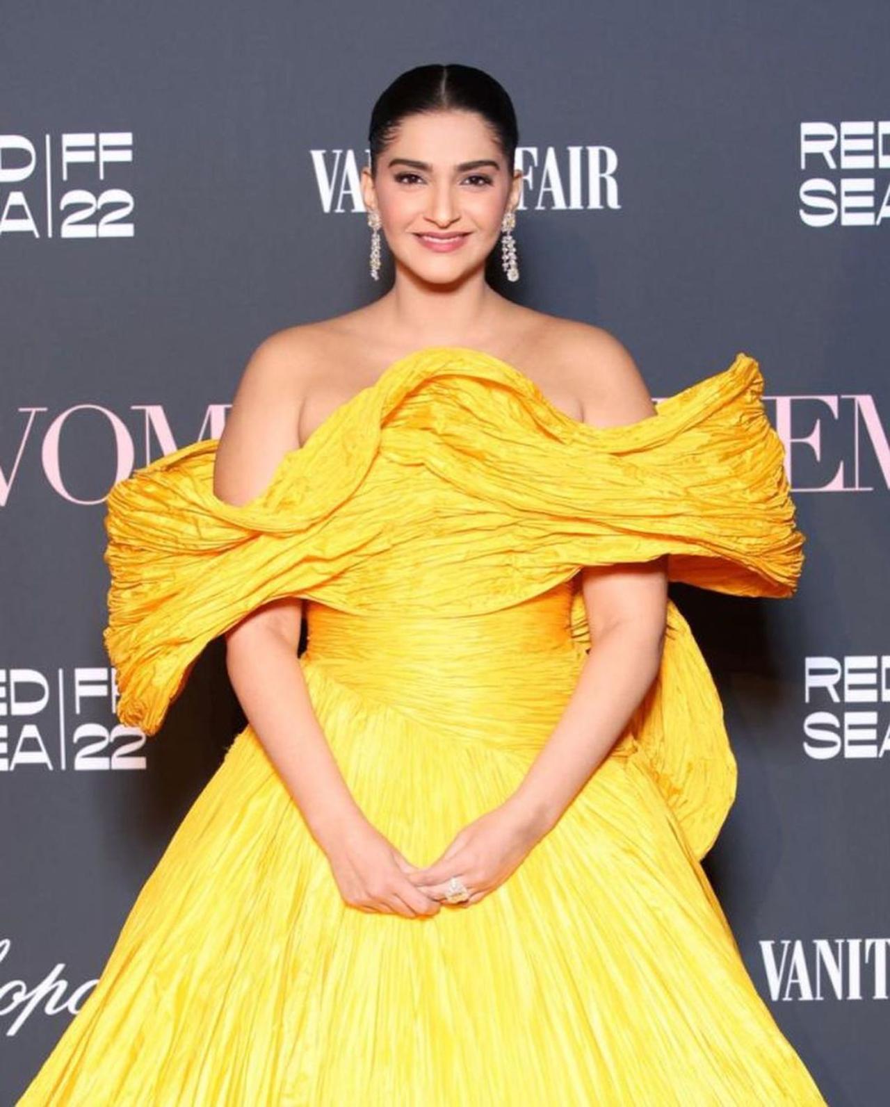 Sonam Kapoor looked stunning in a bright yellow off-shoulder gown. The actress attended the Women in Cinema gala dinner hosted by the festival