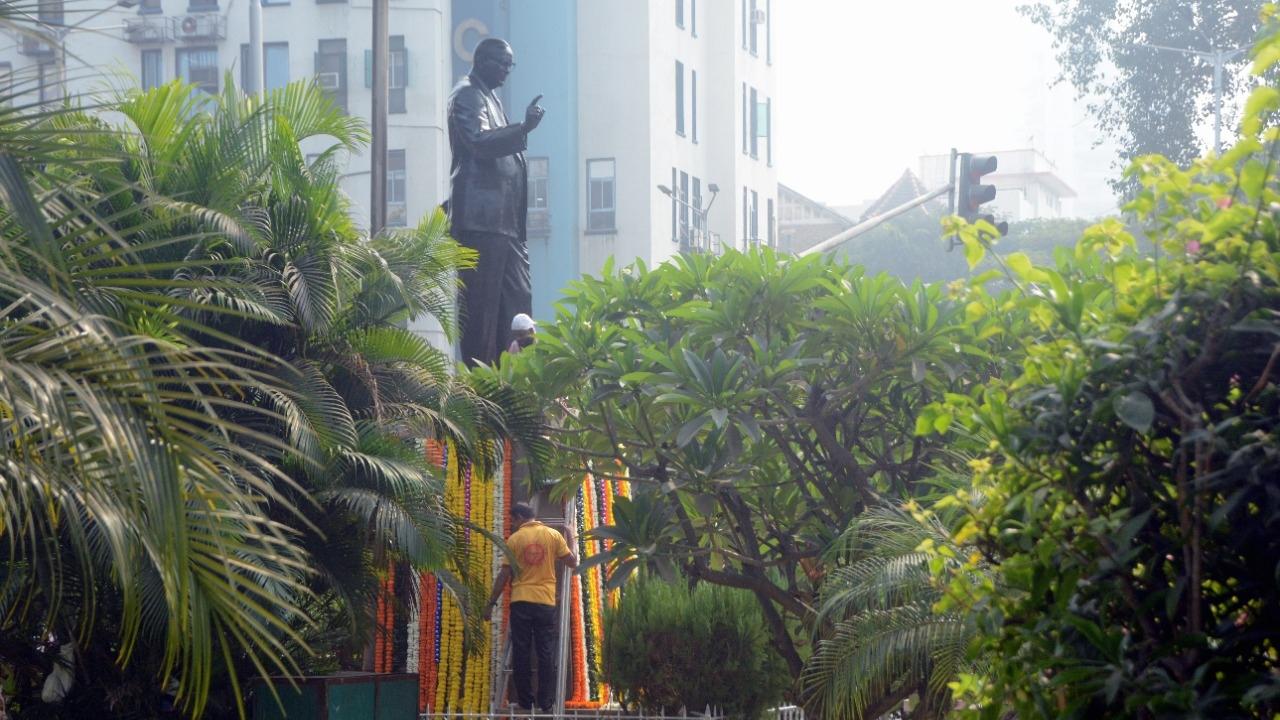 The followers of Dr Babasaheb Ambedkar were seen decorating the statue in Dadar area on Monday. Pic/ Satej Shinde.