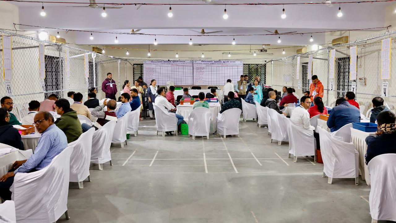 A counting centre for Gujarat Assembly elections, in Ahmedabad, Thursday, Dec 8, 2022