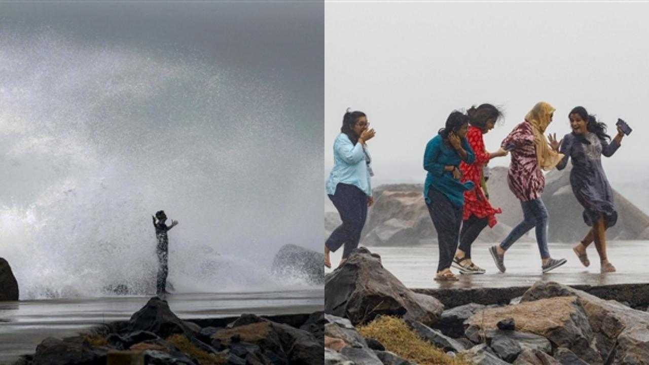Youngsters react as sea waves crash at the sea-shore in Chennai Pic/PTI