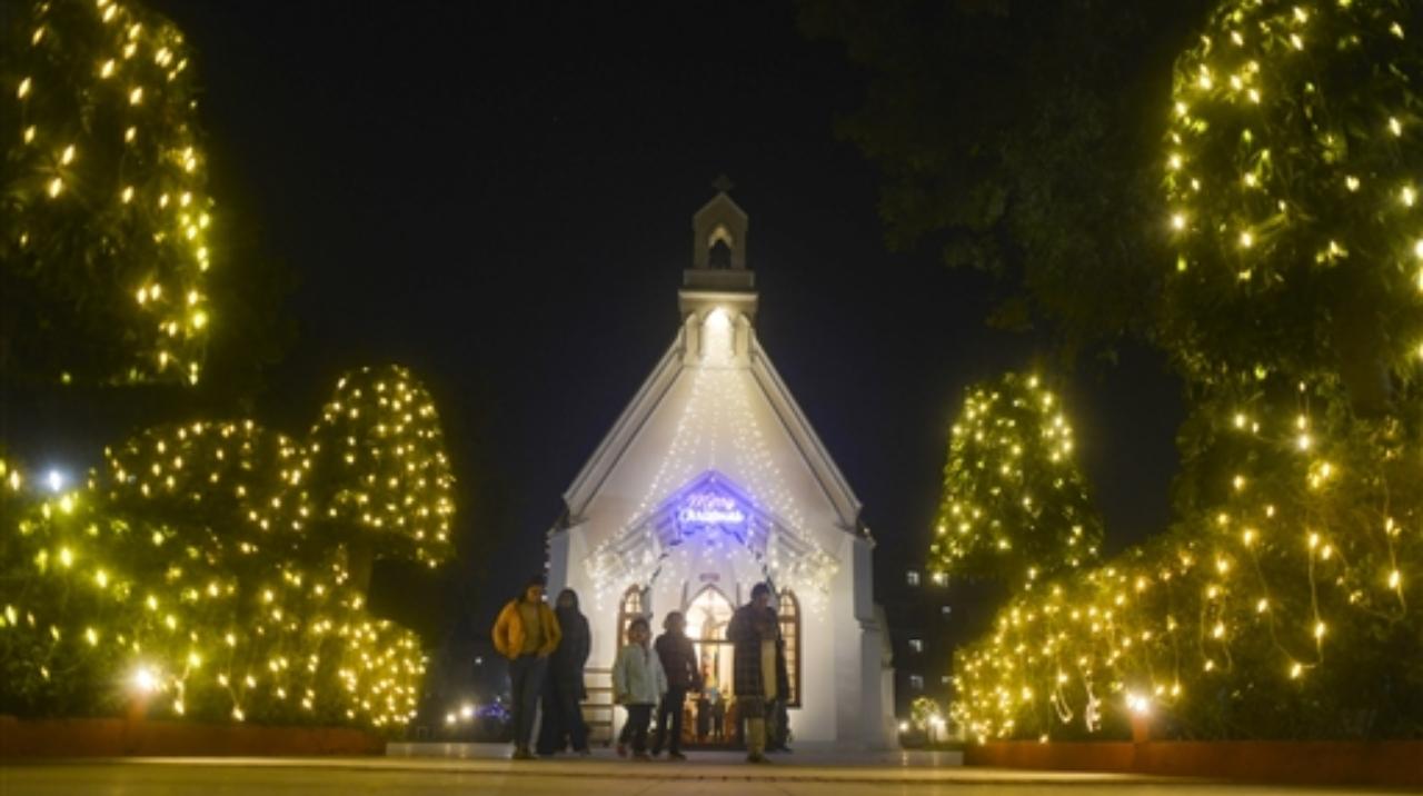 The Church of Epiphany decorated with lights on the eve of Christmas, in Gurugram