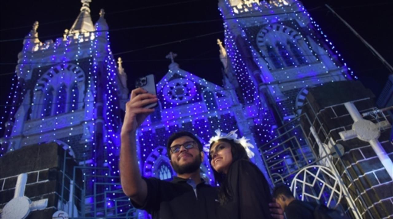 Mount Mary church lit up for Christmas celebrations, at Bandra in Mumbai